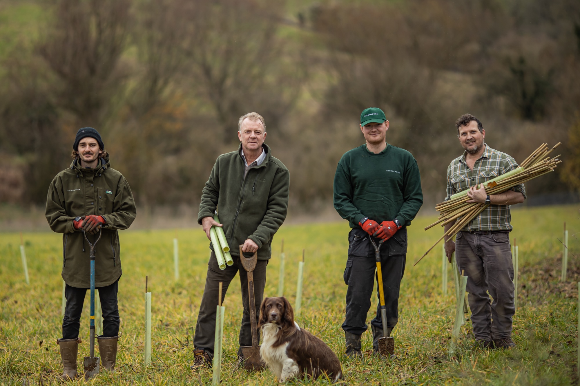 L to R Nicholson’s Jonny Horgan, Dai Lewis, Woody the springer spaniel, Simon Best and Nathan Fall